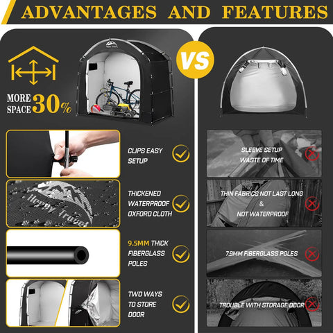 All Weather Outdoor Bike Storage Shed Tent Waterproof Portable Bicycle Cover showing setup features and material durability
