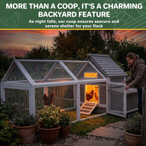 Woman closing Spacious Outdoor Wooden Chicken Coop With Run For 2 To 4 Chickens, Two Nesting Boxes, Pull Out Trays in backyard