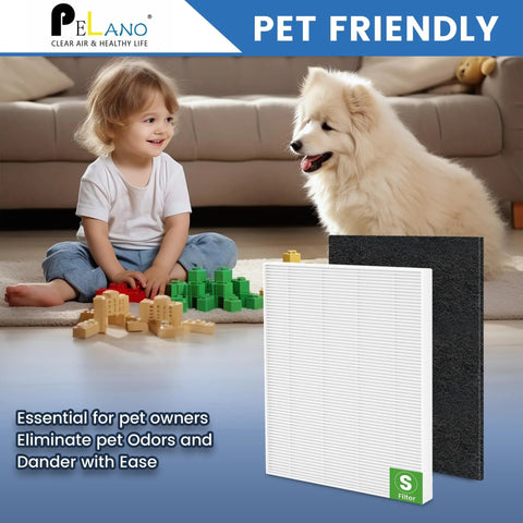Child playing with dog in living room, showcasing 2-Pack True HEPA Replacement Filters With 8 Activated Carbon Pre-Filters For C545.
