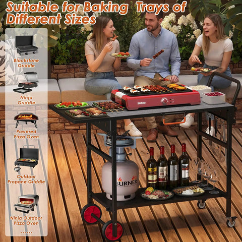 Foldable Grill Cart With Oversized Wheels For 17 To 22 Inch Grills in use at a backyard gathering, showing cooking surface and storage space
