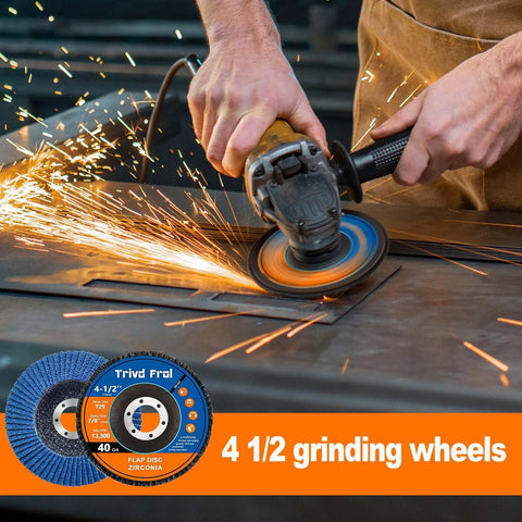 Flap discs, 4-1/2 in, 40-pack zirconia abrasive, for angle grinder; in-use on metal with sparks.