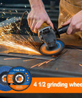 Front view of worker grinding metal with a 4½-inch Trivd Frol flap disc on an angle grinder; sparks and blue packaging.