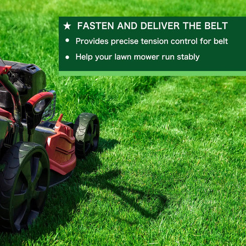 Lawn mower on grass with text 'Fasten and Deliver the Belt' for Scag 48181 Idler Pulley Replacement For AYP Husqvarna Encore GT180 Tiger Cat Cheeta