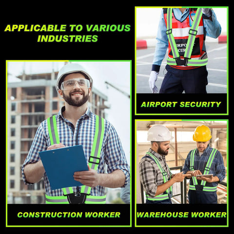 Eighty Pack High Visibility Reflective Safety Vests In Neon Lime Green worn by construction, airport security, and warehouse workers.