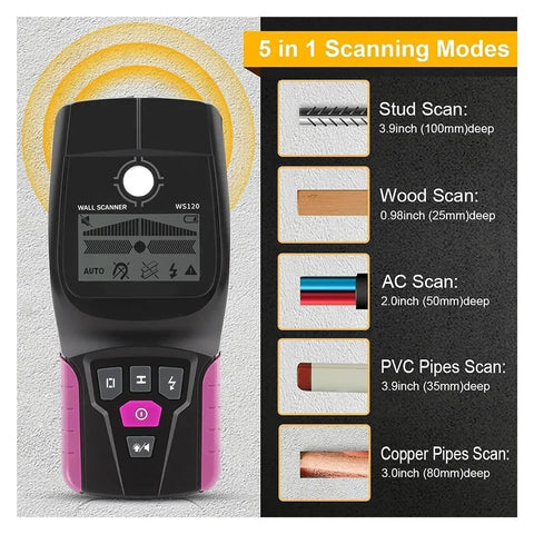 Wall Detector, Multifunctional Stud Finder Wall Scanner with 5 in 1 scanning modes and detailed screen display.