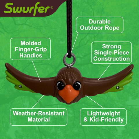 Ninja Twister Swing Spins Set For Backyards, 360 Degree Spin Toy, bird-shaped handle with rope and features highlighted.