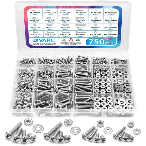All In One 750 Piece Nuts And Bolts Hardware Kit With Stainless Steel Pan Head Phillips Screws, Washers And Nuts In Common Sizes