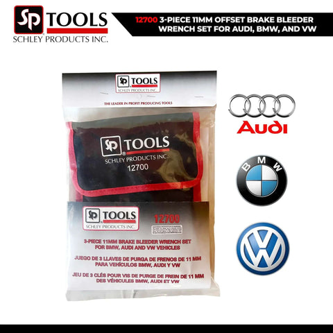 3 Piece 11mm Offset Brake Bleeder Wrench Set For Audi BMW VW Caliper Mounted Electromechanical Parking Brake Compatible No Wheel Removal Easy To Use Great For DIYers in packaging with tool logos