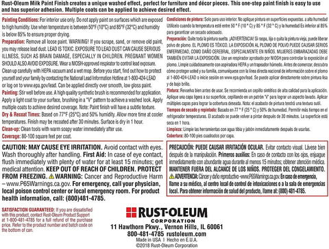 Milk Paint Finish Quart Classic White Pack Of 2 label with usage instructions and safety warnings in English and Spanish.