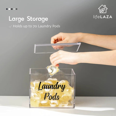 Premium Acrylic Laundry Pods Container With Lid, Clear Pod Holder for Tide Pods, being filled with detergent capsules