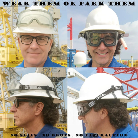 Must Have On The Job Multipurpose Full Brim Hard Hat Clips And Hooks For Headlamps And Safety Goggles shown on construction site