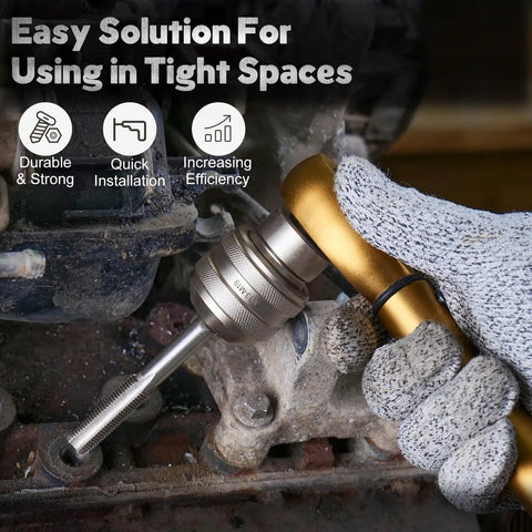 Heavy Duty Tap Socket Set With Adjustable Handle 6 Piece CR MO Steel Kit in use for quick slip-free fastening in tight space