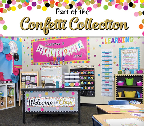 Classroom decorated with Colorful Confetti On Black Border Trim Roll 50 Foot To Liven Up Classroom Decor That Pops bulletin boards and doors.