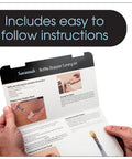 Hands holding instruction manual for DIY Bottle Turning Kit With Five Classic Chrome Stoppers, 19/64 Drill Bit, 1 Inch 8 TPI Chuck, Ratcheting T Handle, And 3/8 Inch Tap For Wood, Acrylic Or Resin Turning.
