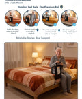 Senior using Dual Handle Bed Rail for Seniors With Padded Grips, Storage Pocket, and 300 Lbs Capacity, seated on bed, cozy setting.