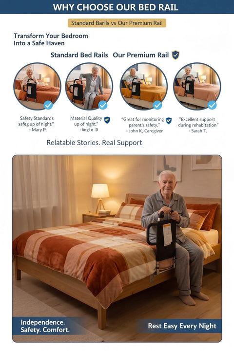 Senior using Dual Handle Bed Rail for Seniors With Padded Grips, Storage Pocket, and 300 Lbs Capacity, seated on bed, cozy setting.