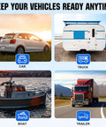 Collage of car, RV, boat, and trailer for 7.5W 12V Solar Car Battery Charger And Maintainer With Waterproof Panel Portable Trickle Charger