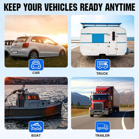 Collage of car, RV, boat, and trailer for 7.5W 12V Solar Car Battery Charger And Maintainer With Waterproof Panel Portable Trickle Charger
