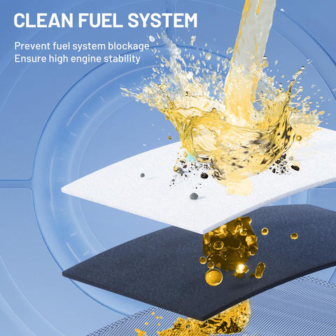 Illustration of fuel filtration process showing fluid flowing through layers of a fuel filter pad for a clean fuel system.