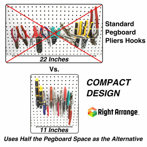 Comparison of standard 22-inch vs 11-inch Pegboard Pliers Holder That Holds Eleven Pairs On Any Pegboard A Space Saving Organizer