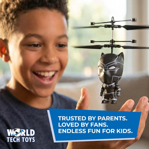 Child playing with Black Panther Flying Toy Helicopter With Motion Sensor For Kids Ages Six And Up Wakanda Inspired Drone