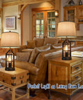 2 Light Farmhouse Rustic Touch Table Lamps Set Of 2 With Gray Shades in a cozy living room setting with wooden decor.