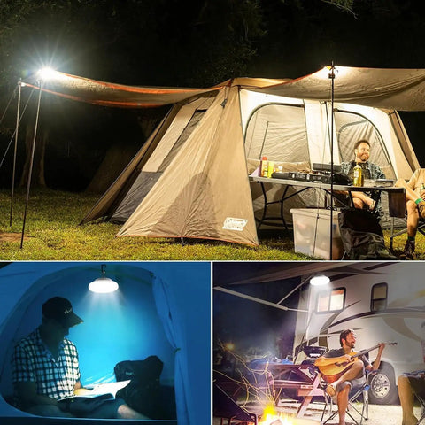 Ultra Bright 4000LM Camping Lantern with remote lighting up a campsite with a tent and camper during night