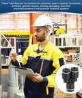 Engineer holding tablet with Six Pack Y Shape Push To Connect Fittings 1 8th Inch OD Tube Reducer in industrial setting