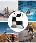 Black And White Piano Key Grid Print Drawstring Gym Bag For Men And Women Dope Unisex Fitness Sack and Yoga Carrier with Roomy Storage Pocket ideal for heavy squats and casual travel vibes shown in active lifestyle scenarios.
