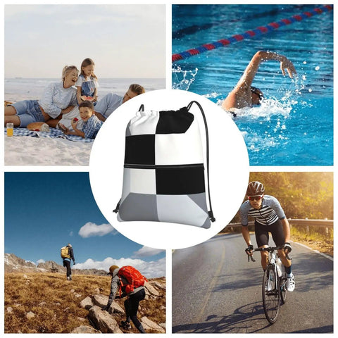Black And White Piano Key Grid Print Drawstring Gym Bag For Men And Women Dope Unisex Fitness Sack and Yoga Carrier with Roomy Storage Pocket ideal for heavy squats and casual travel vibes shown in active lifestyle scenarios.