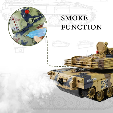 1/24 Scale RC Tank With Smoke Lights And Sounds Remote Control Battle Vehicle For Boys 2.4GHz US M1A2 Abrams showing smoke effect