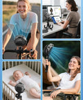 Cooling Misting Stroller Fan With 6000mAh Battery used by cyclists, office workers, and for babies in cribs and outdoor activities.