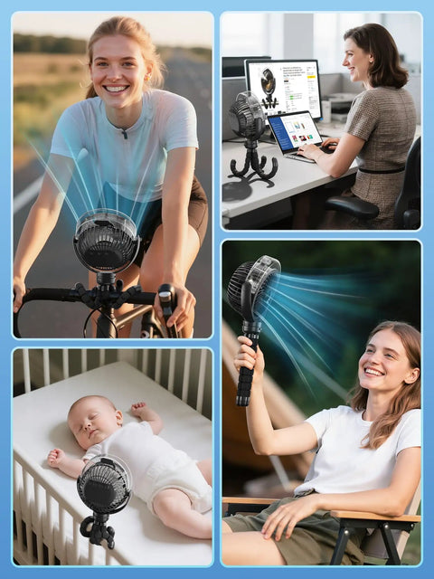 Cooling Misting Stroller Fan With 6000mAh Battery used by cyclists, office workers, and for babies in cribs and outdoor activities.