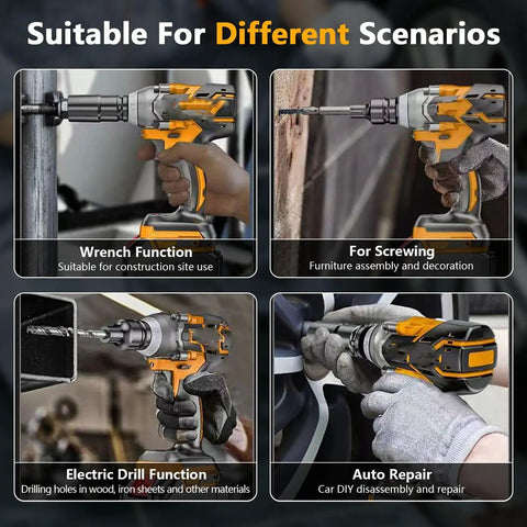 Heavy Duty Cordless Impact Wrench With 21V Brushless Motor And 6.0Ah Battery For Car Repair Garage Work Includes Charger And 39Pc Kit performing various functions like wrench, drilling, and screwing.