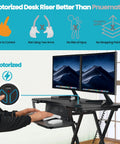 Person using PowerPro 36 Inch Electric Standing Desk Converter For Sit To Stand With Height Adjustable Riser Dual Monitor Desktop