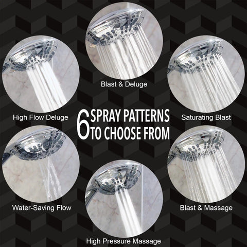 Powerful High Pressure Handheld Shower Kit With 6 Function Spray showing various water spray patterns in polished chrome