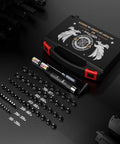 No-Fuss Tool Free Green Laser Bore Sight Kit With 64 Upgraded Adapters For Calibers From.17 To 12 Gauge shown with case and adapters
