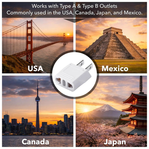 Three Pack EU To US Plug Adapters for European To American Outlets shown with landmarks from USA, Mexico, Canada, and Japan