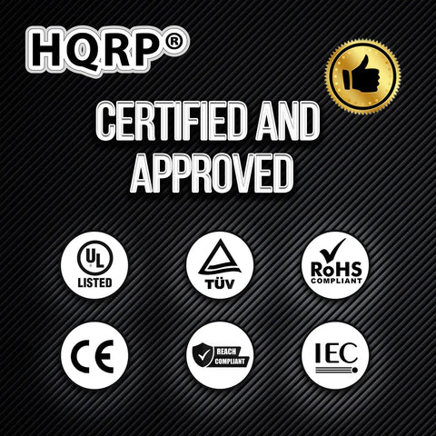 HQRP certification image showing UL, TÜV, CE, RoHS, REACH and IEC approval logos for quality assurance.