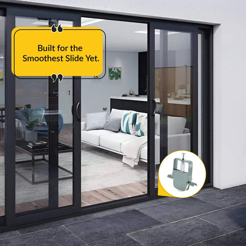 Patio Door Wheel Kit With One Inch White Nylon Wheel For Screen Doors shown installed on sliding glass door with steel frame.