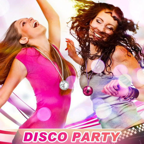 Women dancing with Disco Ball Necklaces 42 Pcs Multicolor Party Chain Set for 70S Disco Theme Halloween Christmas parties.