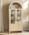 Arched Storage Cabinet With 2 Doors And 5 Tier Shelves 71 Inch Tall Wooden Pantry Organizer in natural wood with clear doors