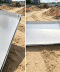 Heavy Duty Stainless Steel Condensate Drain Pan on sandy construction site, showing flat surface and edges.