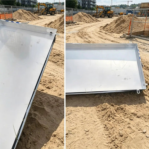 Heavy Duty Stainless Steel Condensate Drain Pan on sandy construction site, showing flat surface and edges.