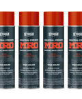 Industrial High Solids Spray Paint Enamel In SJ Orange, 16 Ounce Cans Pack Of 4, lined up, grey labels, red caps visible