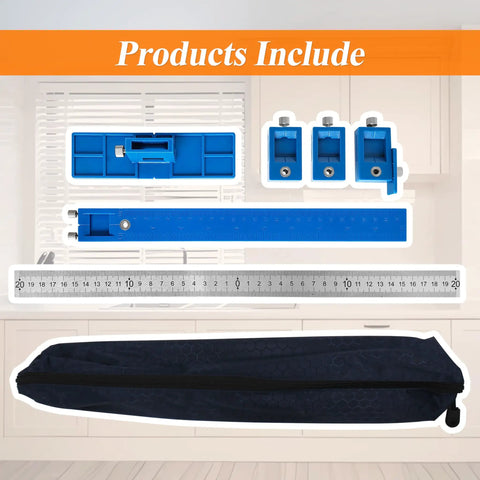 No Sweat Cabinet Hardware Jig With Quick Release Drill Guide Block for Drawer Pulls and Door Handles Hassle Free Setup Punch Locator Template includes accessories.
