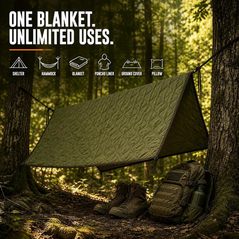 Woobie Blanket Insulated Water Resistant Poncho Liner set up as a shelter between trees in a forest with boots and backpack.