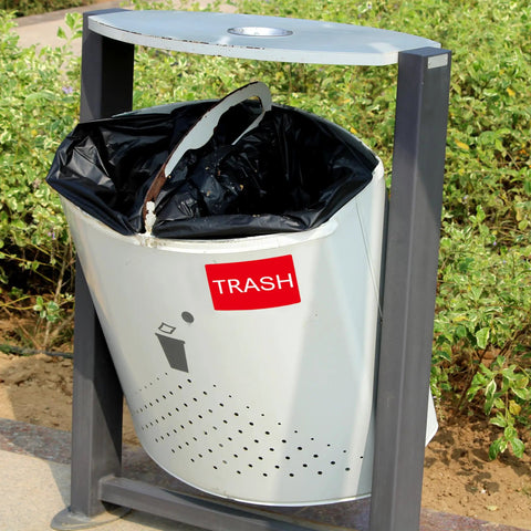 Trash Stickers 300 Pack 3x2 Inch Red Labels With Bold White TRASH For Bins In Home Office And Warehouse Glossy Paper Roll Easy Disposal Reminder Signage on outdoor bin