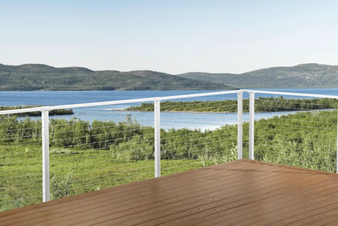Easy As Pie Cable Railing Kit For Decks Featuring Marine Grade Stainless Steel Cables plus pre-drilled posts on a scenic deck.