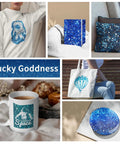 Collage of products with blue glitter designs, including sweater, pillow, notebook, tote bag, and mug, showcasing Lucky Goddness brand.
